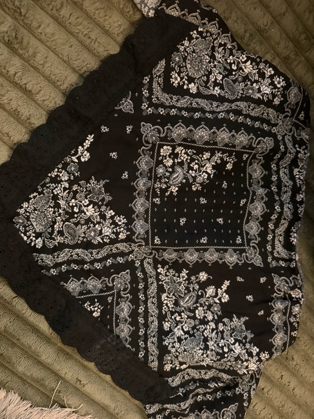 Black Floral Bandana Print Top with Eyelet Trim